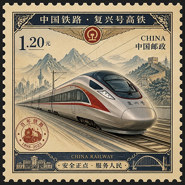 高铁主题的邮票，设计精致，展现高速行驶的复兴号高铁，融入中国铁路元素，复古邮票版式，色彩和谐