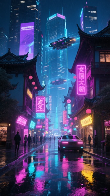 赛博朋克风格城市夜景，雨后湿润的街道反射着五彩斑斓的霓虹灯光，融合东西方建筑风格的未来都市，高耸入云的玻璃幕墙摩天大楼与传统飞檐翘角的中式建筑交相辉映，空中悬浮着全息投影广告和飞行器，两侧建筑上挂满醒目的全息霓虹招牌（展示不同的亚洲文字和英文标识），整体色调以深蓝、紫色为基底，点缀亮粉、湖蓝、明黄等霓虹光色，营造出湿润路面反射灯光的强烈光影对比和神秘迷离的未来都市氛围，场景展现一条充满未来感与……预览效果