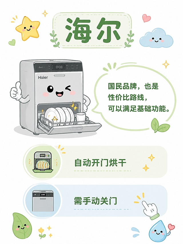 数字手绘卡通插画风格科普单页，背景为纯白色简洁干净，配色为柔和明亮马卡龙色系，主色调浅绿色，搭配天蓝色、米黄色、淡橙色、淡粉色，色彩和谐饱和度适中，线条柔和圆润，加入少量简洁带可爱表情的拟人化卡通元素和图标，品牌标题使用圆润清晰的无衬线字体，所有元素为卡通风格，整体活泼生动，留白充足。本页品牌：海尔，文字内容：海尔：国民品牌，也是性价比路线，可以满足基础功能，自动开门烘干，需手动关门。