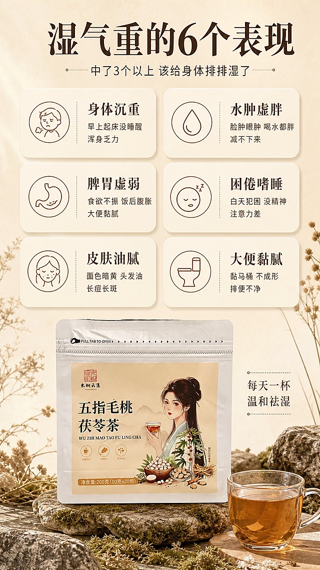 [详情页-第2张 痛点共鸣]
[商品] 使用【图1】产品包装袋小图置于画面底部，保留完整外观。
[画面] 页面目标：痛点共鸣，戳中湿气重人群困扰。竖版9:16，上半部分为痛点图标区，下半部分露出产品。画面上2/3区域是6个痛点卡片，呈2列3行网格排列，每个卡片是浅米色圆角矩形，带轻微投影，卡片左侧是赭石色线性图标，右侧是痛点标题+小字描述。背景是米杏色渐变，点缀干草本枝条和苔藓装饰。底部1/3区域放置产品包装袋立在苔藓石块上，旁边一杯茶汤。
[视觉] 套系策略：风格=高级自然静物摄影风 暖棕大地色调；标题字=现代宋体粗体；正文字=简洁黑体；主色=米杏色；背景延展=米杏色深浅渐变+细腻纸张质感；强调色=赭石色，仅用于小面积图标、引线和标签；标题色=深棕色；正文色=中棕色；组件=圆角浅米色信息卡、细线引线、草本线性图标；光影=左上方自然柔光 柔和漫射 阴影柔和。
[文字] 顶部主标题大字：「湿气重的6个表现」，副标题小字：「中了3个以上 该给身体排排湿了」。6个痛点卡片：
1. 😮‍💨 身体沉重 早上起床没睡醒 浑身乏力
2. 💧 水肿虚胖 脸肿眼肿 喝水都胖 减不下来
3. 🤢 脾胃虚弱 食欲不振 饭后腹胀 大便黏腻
4. 😴 困倦嗜睡 白天犯困 没精神 注意力差
5. 🧏 皮肤油腻 面色暗黄 头发油 长痘长斑
6. 💩 大便黏腻 黏马桶 不成形 排便不净
底部产品旁小字：「每天一杯 温和祛湿」。
[规格] 图片比例9:16竖版，2K分辨率，避免变形、错字、文字过小、冷蓝背景、产品外观改变。