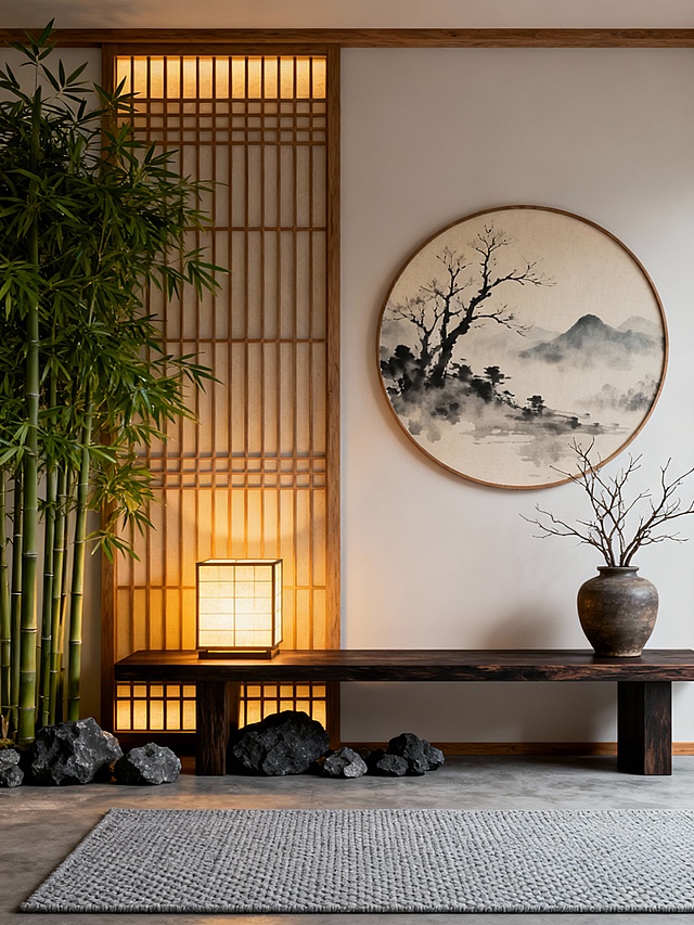 宁静雅致的日式禅意室内场景，3D渲染，柔和暖黄色调灯光从木质格栅和方形纸灯笼中透出，营造温馨静谧氛围。画面左侧高大翠绿的竹子，右侧墙上悬挂圆形水墨山水画，画中枝干疏朗、远山朦胧。中央深色木质长桌上，左侧放置发光的方形纸灯笼，右侧是插有枯枝的粗陶花瓶。桌前地面散布几块灰黑色岩石，前景铺浅灰色编织纹理地毯。整体构图采用对称与留白结合，光线柔和聚焦于主体，材质细节丰富，木质温润、石材粗糙、纸张朦胧，尽显东方禅意美学与自然和谐之美。