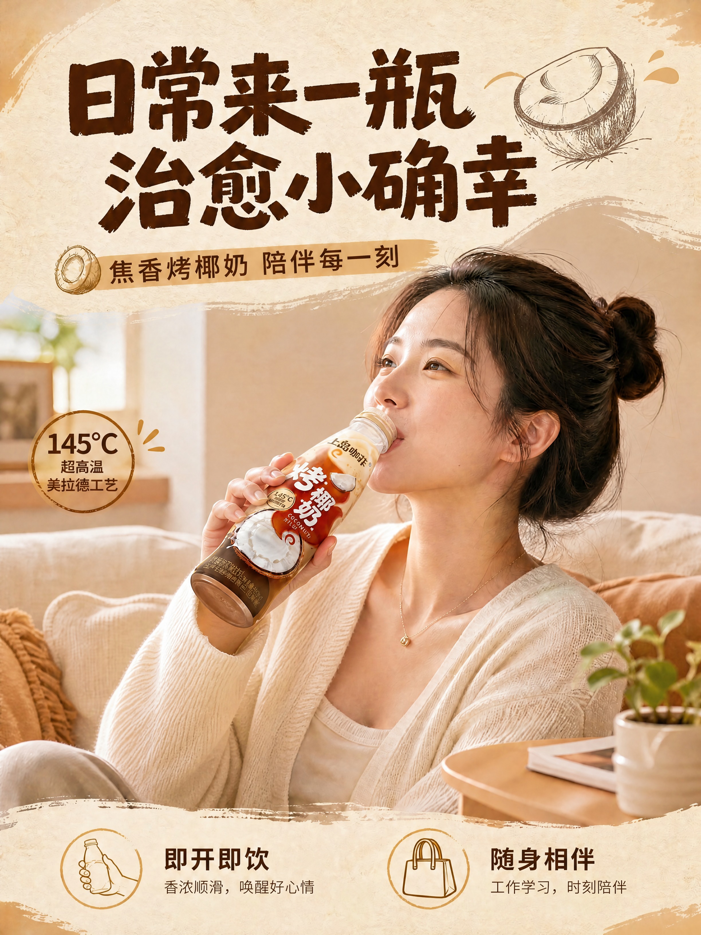 将图中烤椰奶饮料瓶的瓶盖改为打开状态，瓶口贴在模特嘴唇上，呈现… - 图片创意预览