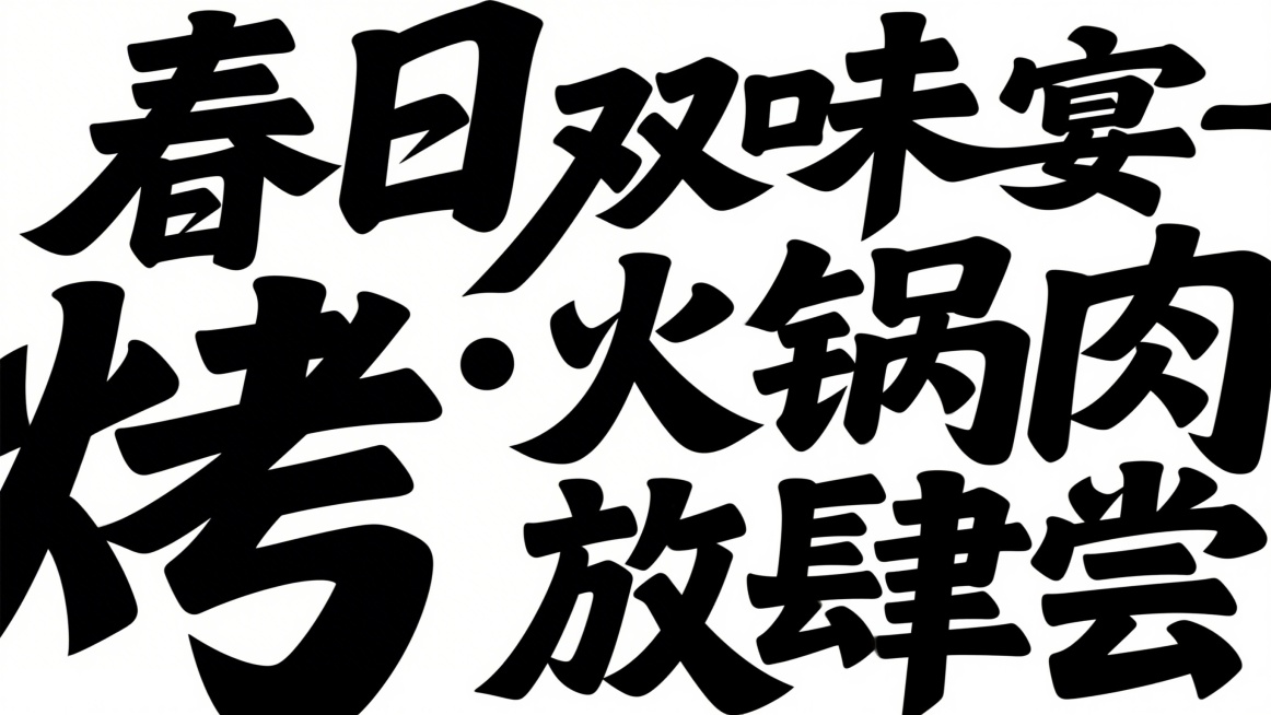 参考图中黑色字体的字形，生成文字“春日双味宴・火锅烤肉放肆尝”，白色背景。字形可以再飘逸个性一些预览效果