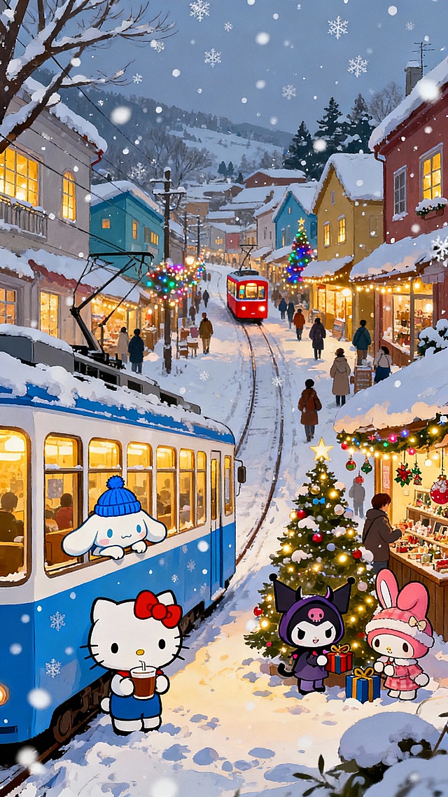充满日式动漫风格的冬日街景图，雪花漫天飞舞，给街道、建筑和树木都披上了洁白的外衣。农村集市的街道上，蓝白相间的有轨电车正缓缓行驶，车内透出暖光，远处还有一辆红色电车增添色彩层次。两旁的建筑色彩缤纷，屋顶和窗户上积着雪，屋内的灯光透过窗棂洒出，营造出温馨的氛围。街道旁有装饰着彩灯的圣诞树，还有行人或驻足观赏雪景，或在店铺前活动，整个场景既有着冬日雪景的纯净，又充满了人间烟火的热闹，宛如一个治愈的童话世界。

画面中融入三丽鸥家族IP形象：
- Hello Kitty：系着红色蝴蝶结，站在电车旁的雪地里，手里捧着热饮
- 玉桂狗：戴着蓝色针织帽，趴在电车车窗边向外张望
- 库洛米：戴着恶魔兜帽，在圣诞树旁偷偷挂起小礼物
- 美乐蒂：戴着兔耳帽，在店铺前挑选圣诞装饰

这些形象与冬日街景自然融合，暖光与雪景交织，既保留了日式动漫的治愈氛围，又增添了三丽鸥家族的萌趣感，整体画面温馨又充满童话感。