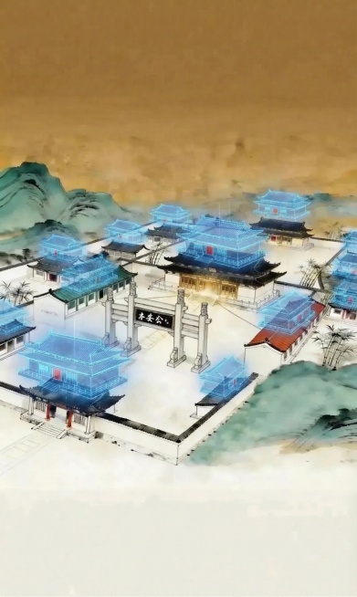 为图中每一个独立的建筑都在其上方添加对应建筑的蓝色半透明线框全息投影效果，其余内容保持不变，保留原图的国风水墨画风格和整体布局预览效果