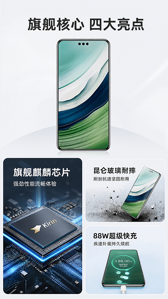 [第3屏] 核心卖点总览，华为Mate 60 Pro核心优势展示。本屏使用【图1】保证产品外观一致。浅灰白背景，顶部标题「旗舰核心 四大亮点」，中上部放产品图，中下部左1大卡片展示「旗舰麒麟芯片 强劲性能流畅体验」，右上下两个小卡片分别展示「昆仑玻璃耐摔 耐刮抗造坚固耐用」、「88W超级快充 疾速补能持久续航」。层次清晰，9:16竖版，4K，文字清晰。负向提示词：手机变形，结构错误，文字错乱，极限词。