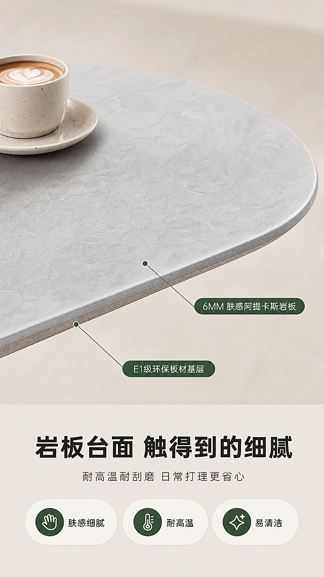 [商品] 使用【图1】DC-8840升降小茶几台面部分；保留椭圆形台面形状、浅灰色阿提卡斯岩板纹理、台面边缘厚度；重点展示6MM岩板台面的肤感质感与E1级板材基层；增强岩板纹理细腻度与边缘光滑度，不改变台面颜色与形态。
[画面] 目标：台面材质证明，突出6MM肤感阿提卡斯岩板+E1级板材的品质。构图：上特写下文说明，上方约2/3为台面微距特写，下方1/3为材质说明区。台面占画面约60%，俯视微侧角度。景别：特写+中景。阅读动线：顶部台面特写→中部材质标注引线→底部卖点说明。前中后景：前景台面岩板表面（可放置一只咖啡杯作尺度参照），中景台面厚度侧面展示，后景浅米色柔光背景。
[视觉] 套系策略：风格=现代轻奢中古风商业摄影；标题字=现代简约粗黑体；正文字=纤细无衬线体；主色=米白暖灰；背景延展=基于米白暖灰做深浅层级、同色渐变和细腻哑光质感；强调色=墨绿色，仅用于小面积图标、引线、标签和局部点缀；标题色=深炭灰；正文色=中暖灰；组件=圆角浅底信息卡、细线引线、胶囊形卖点框；光影=柔和顶侧光，明亮通透，岩板纹理清晰有质感。
[文字] 台面特写处用细线引出标注：「6MM 肤感阿提卡斯岩板」「E1级环保板材基层」。下方文案区：主标题"岩板台面 触得到的细腻"（10字），副标题"耐高温耐刮磨 日常打理更省心"（14字），3个卖点胶囊：「肤感细腻」「耐高温」「易清洁」。文字不遮挡台面核心纹理区。
[规格] 图片比例9:16竖版，4K，负向提示：避免变形、错字、文字过小、冷蓝/蓝灰背景、台面颜色改变、纹理失真、模糊、水印、二维码。