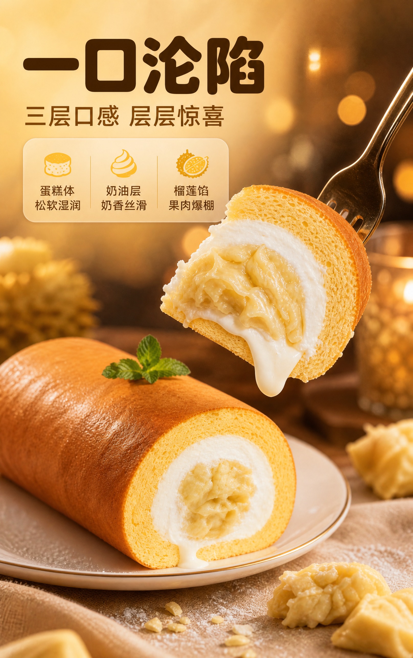 [商品] 使用【图1】榴莲蛋糕卷；保留蛋糕卷整体造型、金黄蛋糕… - 图片创意预览