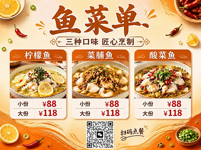 将这张鱼菜单海报底部的二维码占位符替换为用户提供的真实微信二维码（图2），保持二维码原有位置和大小，二维码上方保留"扫码点餐"小字，其余画面内容（标题、三款鱼品卡片、价格、背景装饰等）全部保持不变，整体风格统一。画面中所有数字必须精确渲染，不得错位、遗漏或编造。