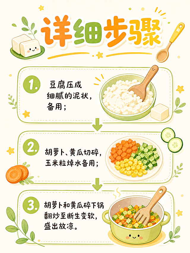 帮我生成7张并输出高清可爱治愈风格的时蔬豆腐饼制作小红书尺寸流程图，小红书尺寸，黄色和淡橙色、绿色配色，以下是内容：🥣🥣准备食材（都是家常款） 嫩豆腐 60g 胡萝卜、黄瓜 适量 玉米粒 一小把 蛋清 1 个 面粉 30g 蛋黄液、黑芝麻 少许（装饰用，可省略） 👩‍🍳详细步骤 1.豆腐压成细腻的泥状，备用； 2.胡萝卜、黄瓜切碎，玉米粒焯水备用； 3.胡萝卜和黄瓜碎下锅翻炒至断生变软，盛出放凉； 4.所有食材（豆腐泥、蔬菜碎、玉米粒）放入碗中，加蛋清和面粉，搅拌成稠稠的面糊； 5.不粘锅刷薄油，舀入面糊摊成小饼状，中间挖个小洞，倒入蛋黄液、撒点黑芝麻； 6.全程小火慢煎，煎至两面金黄熟透就可以出锅啦。 🌟为什么它是娃餐里的 “宝藏食谱”？ 1.双蛋白搭配，助力成长发育：豆腐的植物蛋白 + 蛋清的动物蛋白，双重补充优质蛋白，为孩子日常活动和成长提供能量支持。 2.多维营养藏在饼里，再也不怕娃挑食：胡萝卜、黄瓜、玉米搭配，补充多种维生素和膳食纤维，帮娃维持肠道舒适，让营养更好吸收。 3.低负担轻口味，肠胃友好：少油少盐，食材本身的清甜就足够，温和不刺激，不给孩子的肠胃添负担。 🌱我的食养心得：好好吃饭，才是成长的底气 很多宝妈都在孩子成长关键期，想着给娃安排各种 “大补” 食物，但我一直觉得：孩子的肠胃舒服，吃得进去、吸收得好，才是最实在的营养。这道豆腐饼用家常食材搭配，软嫩好消化，帮娃把日常饮食吃舒服了，吃进去的营养才能真正转化成成长的动力。 ⏰这些时候，安排它准没错！ 孩子日常成长阶段，每周 2-3 次，给娃补充优质蛋白和维生素； 娃不爱吃蔬菜、挑食偏食时，把蔬菜藏进小饼里，悄悄吃进营养； 早餐赶时间、上学来不及准备时，提前一晚拌好面糊，早上几分钟就能煎好； 出门游玩、加餐时，软嫩的小饼方便抓握，娃吃着也安全。 💡宝妈实用小贴士 ✅ 胡萝卜和黄瓜提前炒一下断生，口感更好，也能去除生味，娃更容易接受；✅ 一定要选嫩豆腐，压成泥后口感更绵密，饼也更软嫩，低龄宝宝吃也不费牙；✅ 全程用小火慢煎，避免煎糊，也能保证饼熟透，吃起来更放心；✅ 低龄孩子吃，无需额外加盐，食材自带清甜，口感清淡不腻；✅ 稍大一点的孩子，可滴几滴酱油调味，搭配牛奶 / 豆浆一起吃，营养更全面。