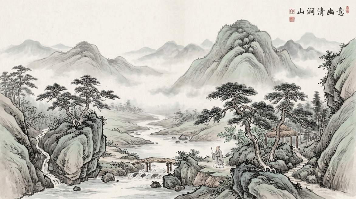 具有东方诗意气息的水墨风山涧景象，周围层层群山在薄雾中自然展开，远近高低错落有致。山体轮廓柔和，树木点缀其间，局部可见松枝与山石相依，营造出宁静空灵的氛围。画面强调山涧与群山之间的呼应关系，展现清幽、预览效果