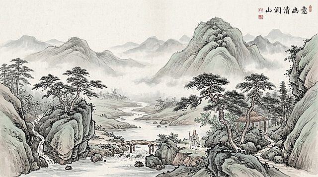 具有东方诗意气息的水墨风山涧景象，周围层层群山在薄雾中自然展开，远近高低错落有致。山体轮廓柔和，树木点缀其间，局部可见松枝与山石相依，营造出宁静空灵的氛围。画面强调山涧与群山之间的呼应关系，展现清幽、深远、含蓄的自然意境，整体风格雅致克制，如同细腻生动的东方山水画