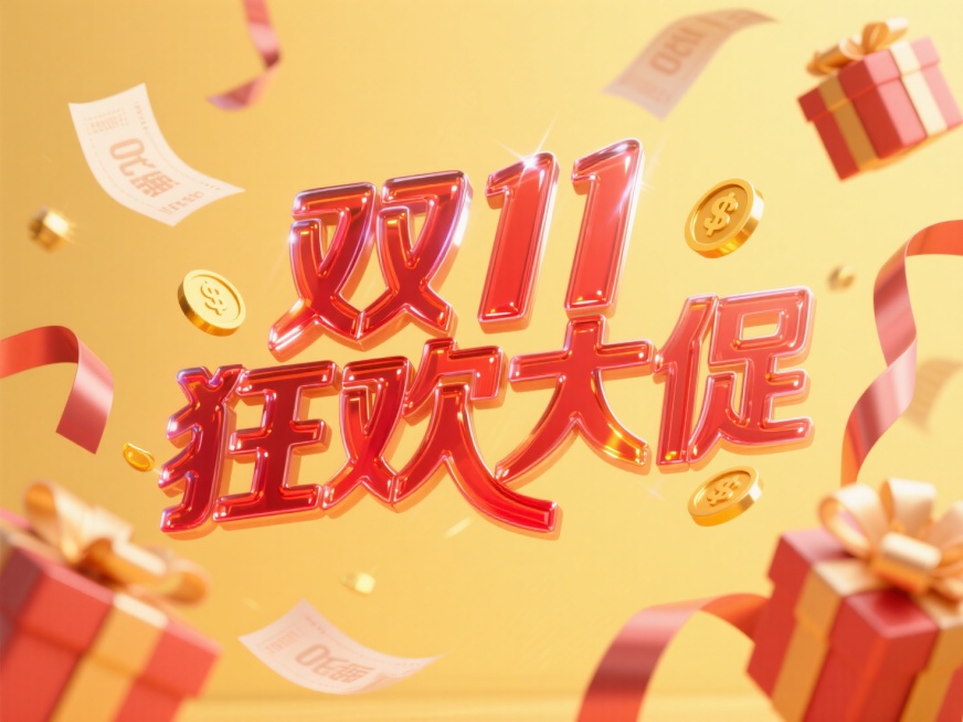 红色玻璃艺术字"双11 狂欢大促"。周围漂浮点缀礼盒、优惠券、金币等促销元素，线条流畅，暖黄色背景，高纯度配色。预览效果