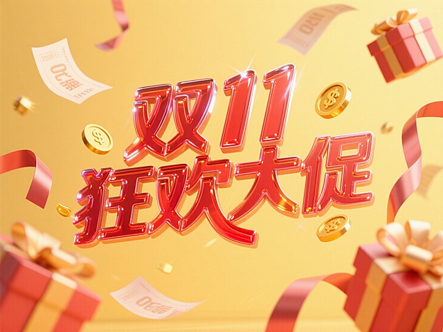 红色玻璃艺术字"双11 狂欢大促"。周围漂浮点缀礼盒、优惠券、金币等促销元素，线条流畅，暖黄色背景，高纯度配色。