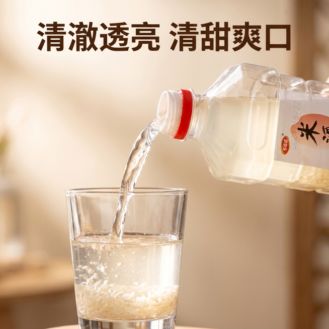 [主图 3] 酒体细节特写，沿用首图一致暖调风格。[氛围风格] 新鲜透亮，突出清澈质感。[画质] 商业摄影质感、光线柔和通透、产品清晰真实、画面干净高级。[元素] 米酒瓶倒出一杯米酒，流动的酒液形成动预览效果