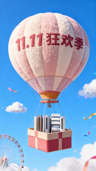 一个带有主体配色的大型热气球，吊篮为礼盒样式，礼盒里放着图中所有物品，气球上绣着“11.11 狂欢季”，背景展示高饱和蓝天、摩天轮、云朵、彩带等元素，营造出活泼、精致的氛围。预览效果