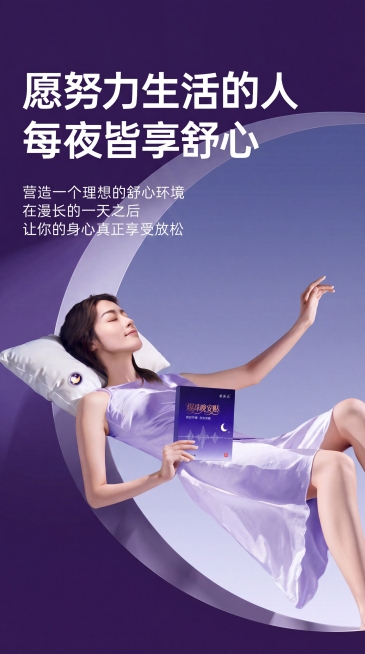 保留图1的整体构图，保留所有文字文案内容：“愿努力生活的人 每夜皆享舒心 营造一个理想的舒心环境 在漫长的一天之后 让你的身心真正享受放松”，保留模特躺卧的姿势和紫色渐变背景，将人物手中的小包装产品替预览效果