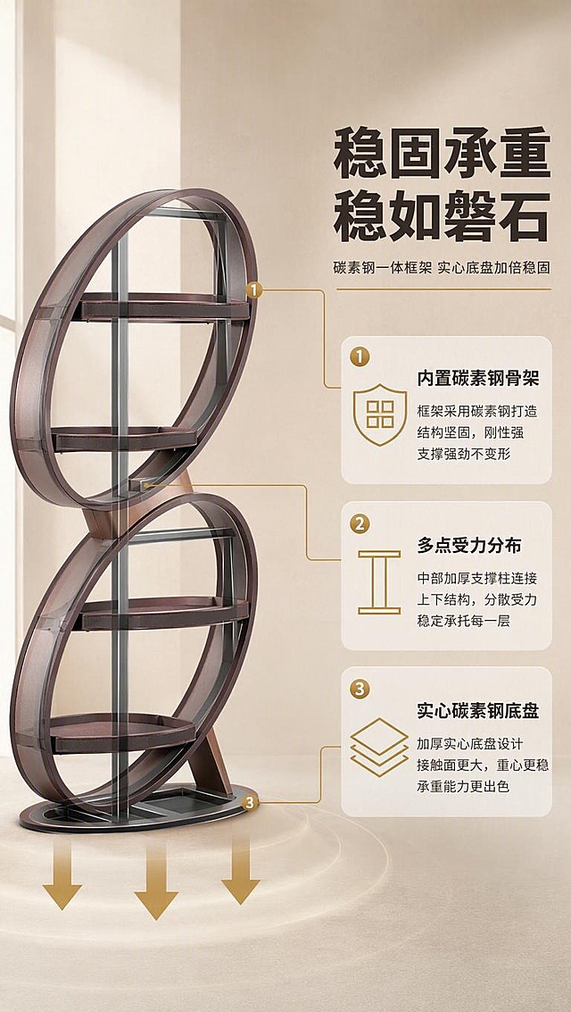 [商品] 使用【图1】DS-8803双环层架；保留双环8字结构、四层隔板、古铜棕金属边框、马鞍皮饰面、实心碳素钢底座；商品处理：做半透明结构示意效果，展示内部碳素钢骨架与底盘结构，不改变外部轮廓和颜色。
[画面] 目标：结构承重解析，深度说服稳固耐用。左图右文构图，左侧层架正视图占画面约55%，做局部透视/半透明效果展示内置碳素钢框架与实心底盘内部结构；右侧为文案区，用金色引线标注三处关键结构：顶部环架、中部支撑柱、底部实心底盘；背景为浅咖色渐变，底部有承重示意箭头向下。
[视觉] 套系策略：风格=轻奢意式极简商业摄影；标题字=现代无衬线粗体（思源黑体Heavy）；正文字=简洁无衬线体（思源黑体Regular）；主色=暖米白+浅咖棕；背景延展=基于暖米白做深浅层级、同色渐变和细腻微水泥/哑光墙面质感；强调色=古铜金，仅用于小面积图标、引线和标签；标题色=深炭棕；正文色=中暖灰；组件=圆角浅底信息卡、细线引线、金色序号圆点；光影=左前侧暖柔自然光，窗边漫射光，阴影柔和。
[文字] 右侧文案区：主标题「稳固承重 稳如磐石」（8字），副标题「碳素钢一体框架 实心底盘加倍稳固」（14字）；三个结构卖点：「内置碳素钢骨架」「实心碳素钢底盘」「多点受力分布」，每项配金色图标和简短说明。
[规格] 图片比例9:16竖版，分辨率4K，quality=medium；避免变形、错字、文字过小、冷蓝背景、产品结构失真、虚构承重数据。