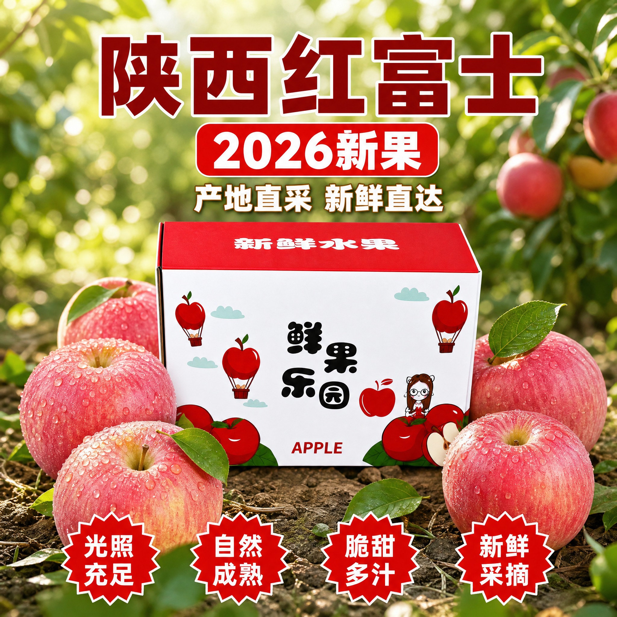 [主图-3] 浅绿植物果园款陕西红富士苹果主图，突出产地果园氛… - 图片创意预览