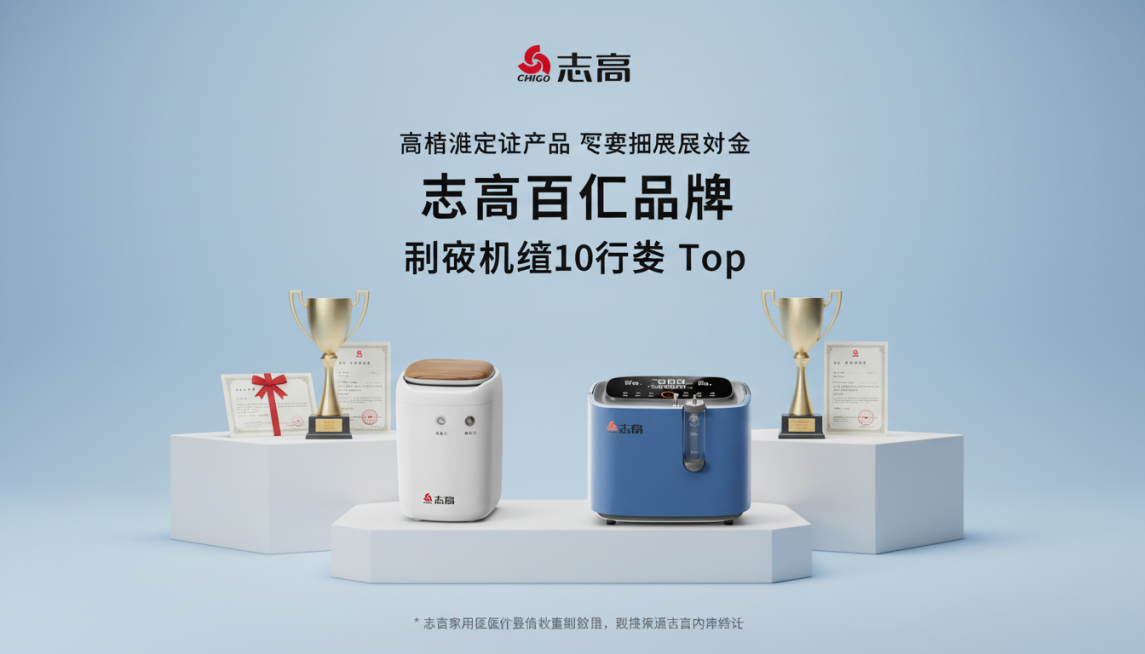 帮我生成一张志高的详情图：
背景用浅蓝渐变色 + 简约立体展台；
顶部放‘志高’带品牌LOGO，下方‘高标准定义产品 严要求回报社会’；
中间突出‘志高百亿品牌’（‘100’中字体），配‘制氧机销量行预览效果