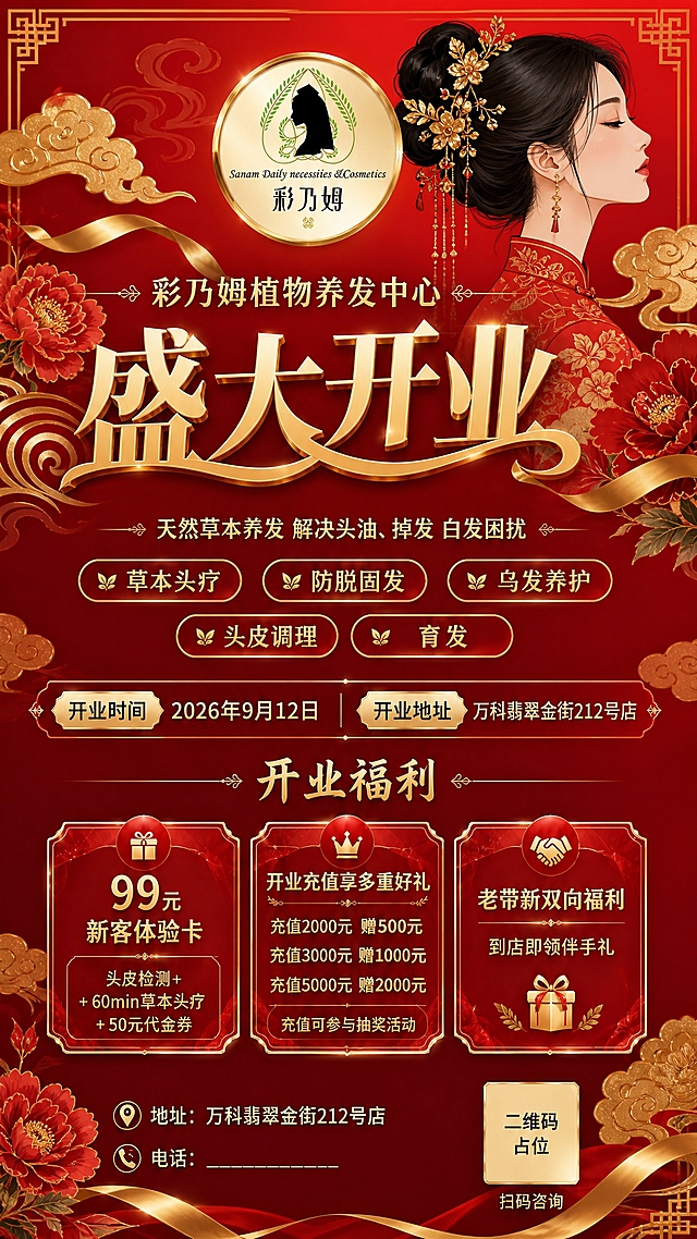 将【图1】开业海报重新设计为「国潮中国红金风」：底色改为正红到深红的庆典渐变（#C8102E~#8E0E25），配金色祥云、牡丹花、丝带和中国风边框纹样；把里面的主视觉贴图换掉，改为一张国潮插画：一位穿中式旗袍的东方女性侧面头像，发髻乌黑精致，发丝间有金色花枝装饰，风格为现代国潮扁平插画；卡片改为红色半透明玻璃质感金边卡片，标题用金色书法感字体；LOGO、所有文案内容、版式结构、二维码占位方块与底部地址电话横线完全保持不变。画面喜庆热闹但保持高级。所有数字精确渲染不变，文字清晰无错字。