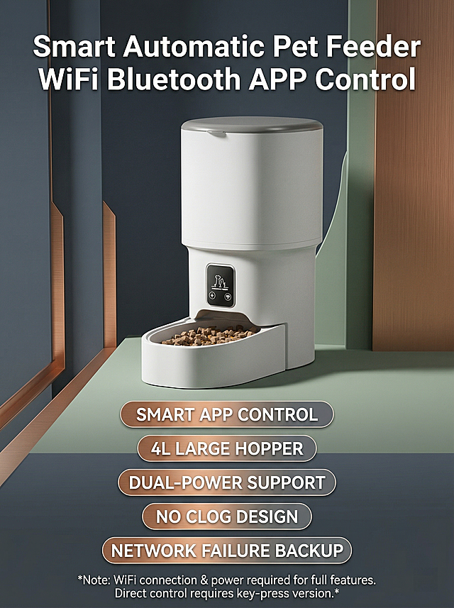 Based on the original product image, design the main image of this automatic pet feeder for cross-border e-commerce, size ratio 3:4, highlight English product title "Smart Automatic Pet Feeder WiFi Bluetooth APP Control", keep the product strictly the same as the original image, do not change the product shape, use slicing effect design, non-white background, highlight product features, style for European and American cross-border e-commerce main image