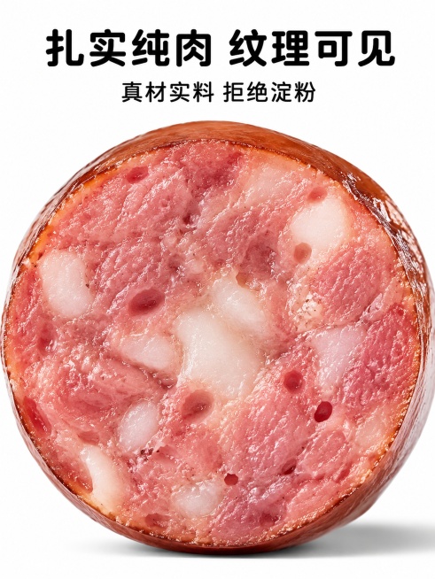 [第2屏] 产品核心卖点特写图，原味哈尔滨红肠横截面微距特写。
[氛围/风格] 微距商业美食摄影，浅景深突出肉质细节，8K超清，高级质感，纯白干净背景
[元素布局] 红肠横截面占据画面主体，占比超过8预览效果