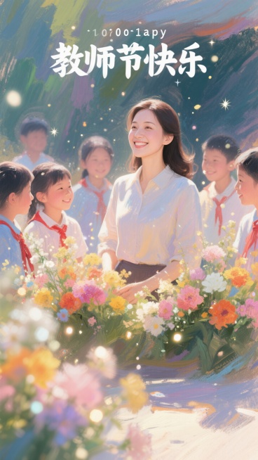 教师节贺卡，鲜花，微笑，艳丽的色彩，梦幻般的光影，被一群学生围绕的漂亮女教师，英文的“教师节快乐”预览效果