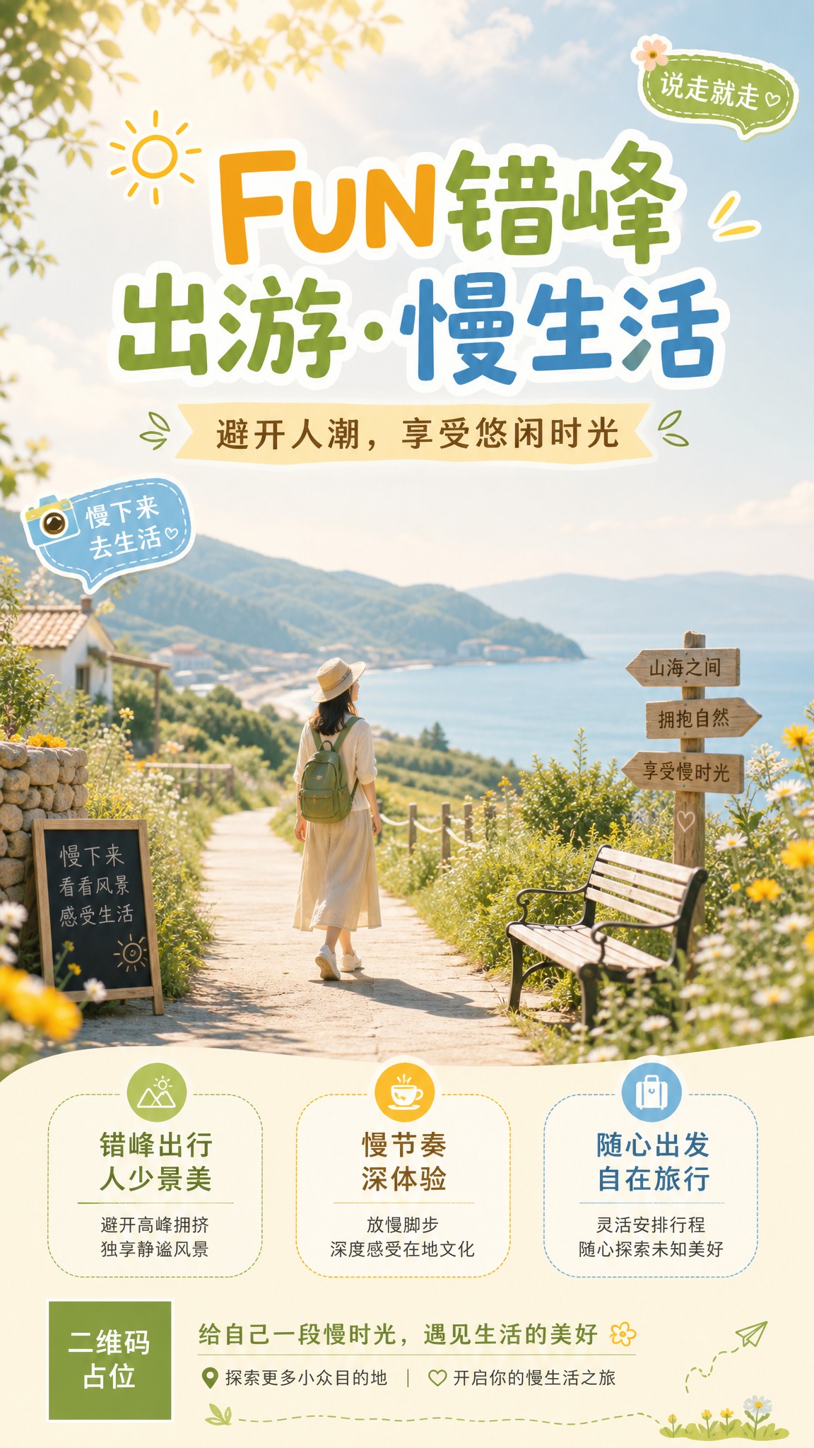 一张竖版通用宣传海报，主题为「FUN错峰出游·慢生活」。画面采… - 图片创意预览