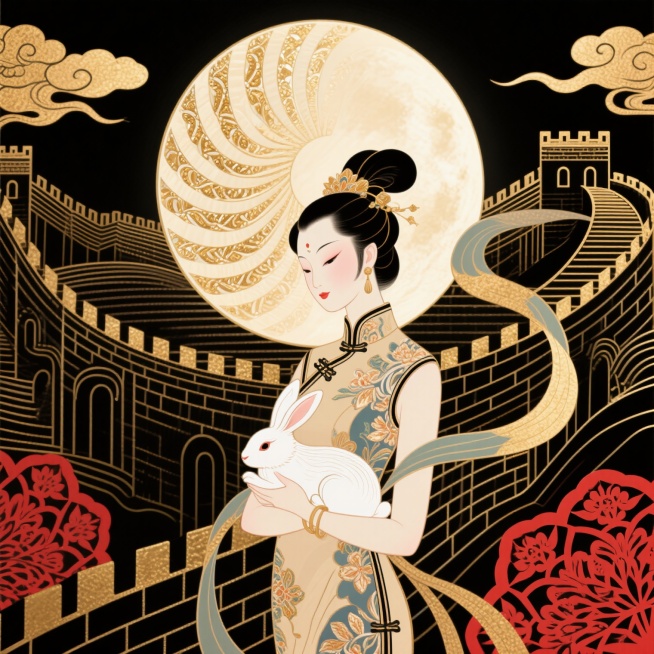 融合装饰艺术风格（Art Deco）的中国节日庆典图，画面构图充满强烈的几何对称感，背景是层层递进的、用金色和黑色线条勾勒的程式化长城与祥云图案，中心是一轮完美的圆形皓月，月亮内部镶嵌着螺钿般华丽的放预览效果