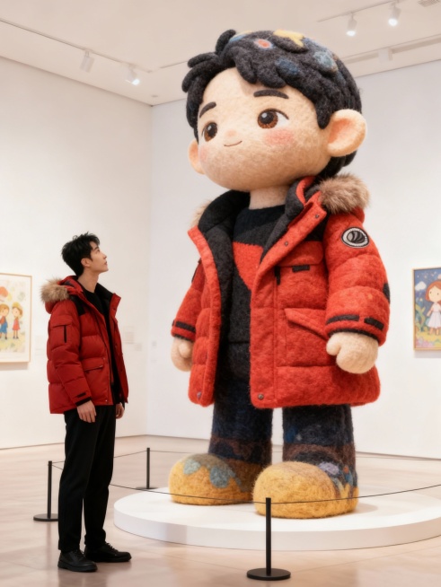 把图片主体做成充满创意和梦幻色彩的绘本风格的巨型毛毡艺术卡通风格雕塑放置在画面中心（主体的穿搭保持不变），主体站在一旁欣赏（与巨型主体形成比例反差），围栏隔离展示，背景是明亮的艺术展厅预览效果