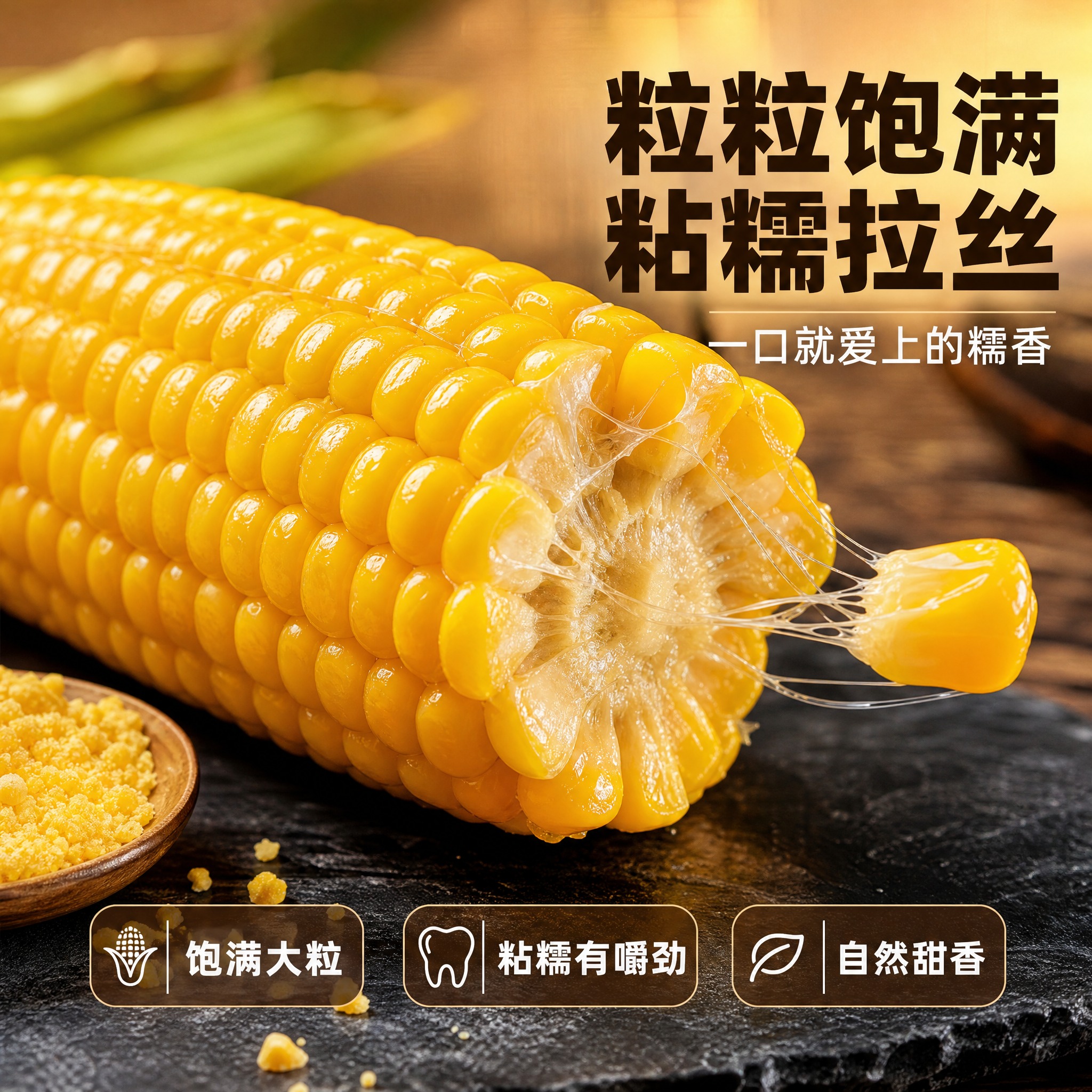 [主图-3] 黑龙江头茬黄粘玉米细节微距图，突出颗粒饱满与粘糯… - 图片创意预览