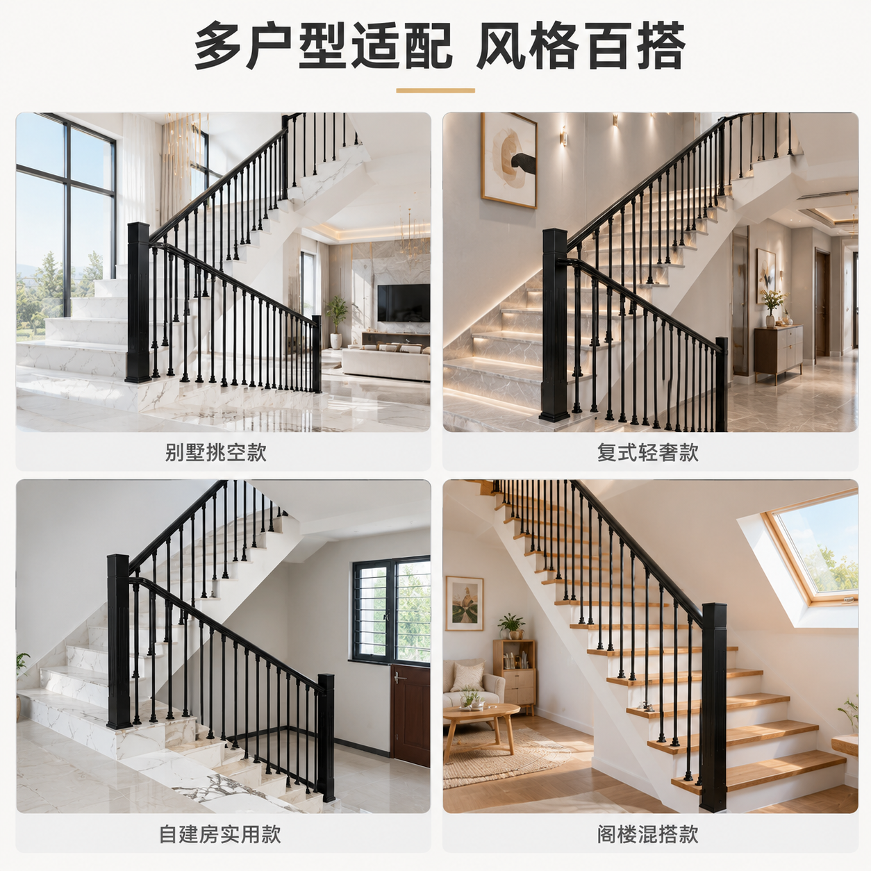 [主图-4] 多场景适配展示，用宫格形式展示黑色铁艺楼梯扶手在… - 图片创意预览