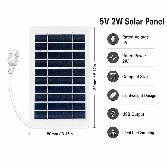 [Main Image 5] Full parameters and specifications display for 5V 2W Solar Panel. Keep the original product appearance 100% consistent with the input image, no distortion or color difference.
[Atmosphere Style] Professional specification display, clean and standardized, in line with Amazon cross-border platform requirements.
[Image Quality] Commercial photography, clean and clear, high resolution, high contrast.
[Elements] Product subject is placed in the center of the画面, on the right side is the parameter list, all parameters are clearly listed. Background is clean white, simple and clear. The product size can be marked with a dimension line, intuitive and clear.
[Lighting] Even soft studio lighting, uniform light distribution, no harsh shadows, clear product and text.
[Color Matching] Main background is pure white, product retains original dark blue and white, text is dark gray, clear contrast.
[Perspective Composition] Left product, right parameters, clear primary and secondary, flat front perspective.
[Text Layout] Title "5V 2W Solar Panel" at the top of the parameter list, the parameters are: Rated Voltage 5V, Rated Power 2W, Compact Size, Lightweight Design, USB Output, Ideal for Camping. All English, neat arrangement, clear layers, high contrast, each parameter is clearly readable, no Chinese.
[Proportion Resolution] 1:1 ratio, 4K resolution, text clear, ultra high definition.
[Negative Prompt] Deformation, watermark, text confusion, blurred product, extra marketing logo, Chinese characters, exaggerated words.