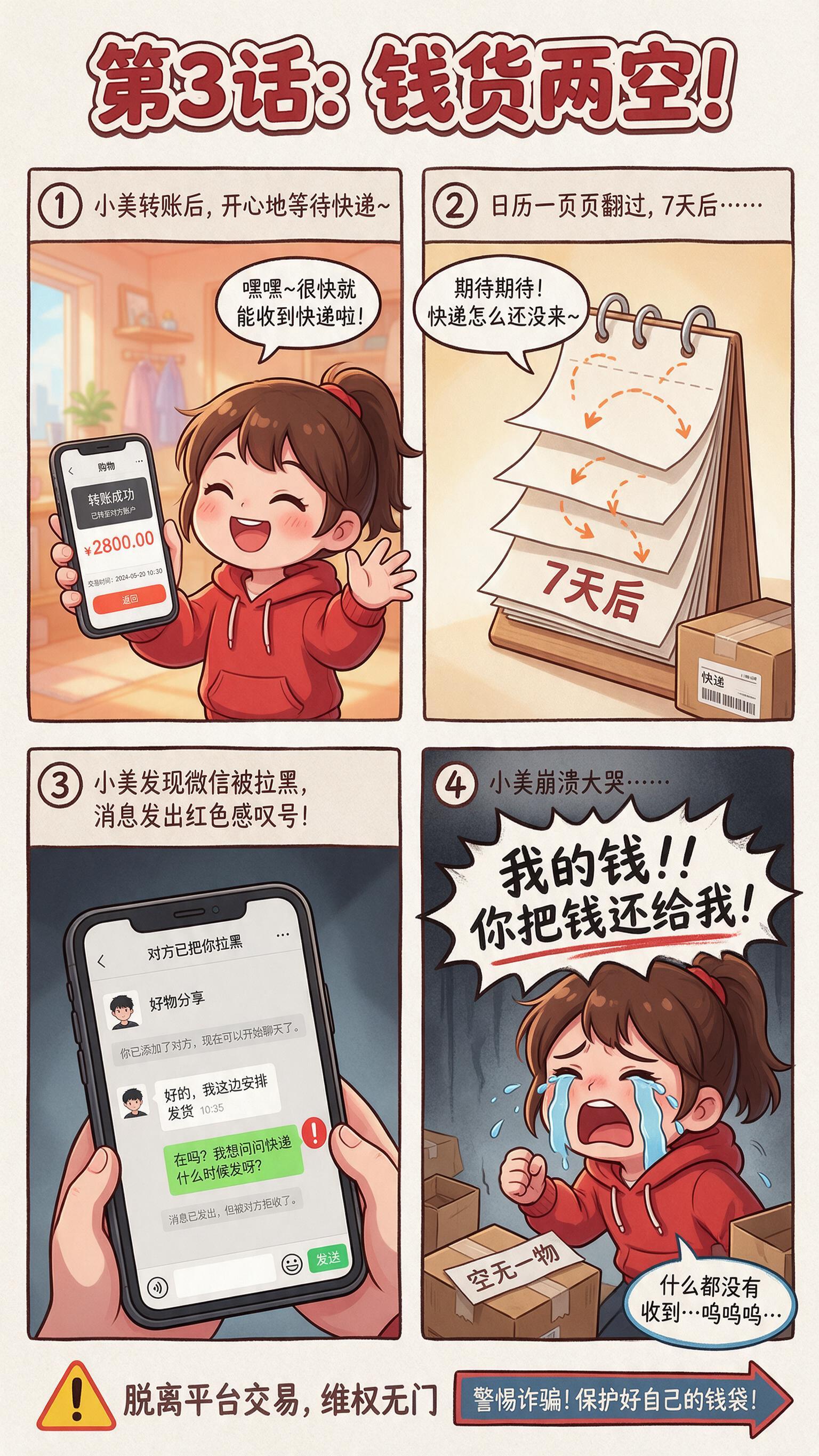 [画面] 条漫第四格：骗局败露。画面左侧：小美转账后开心地等快… - 图片创意预览