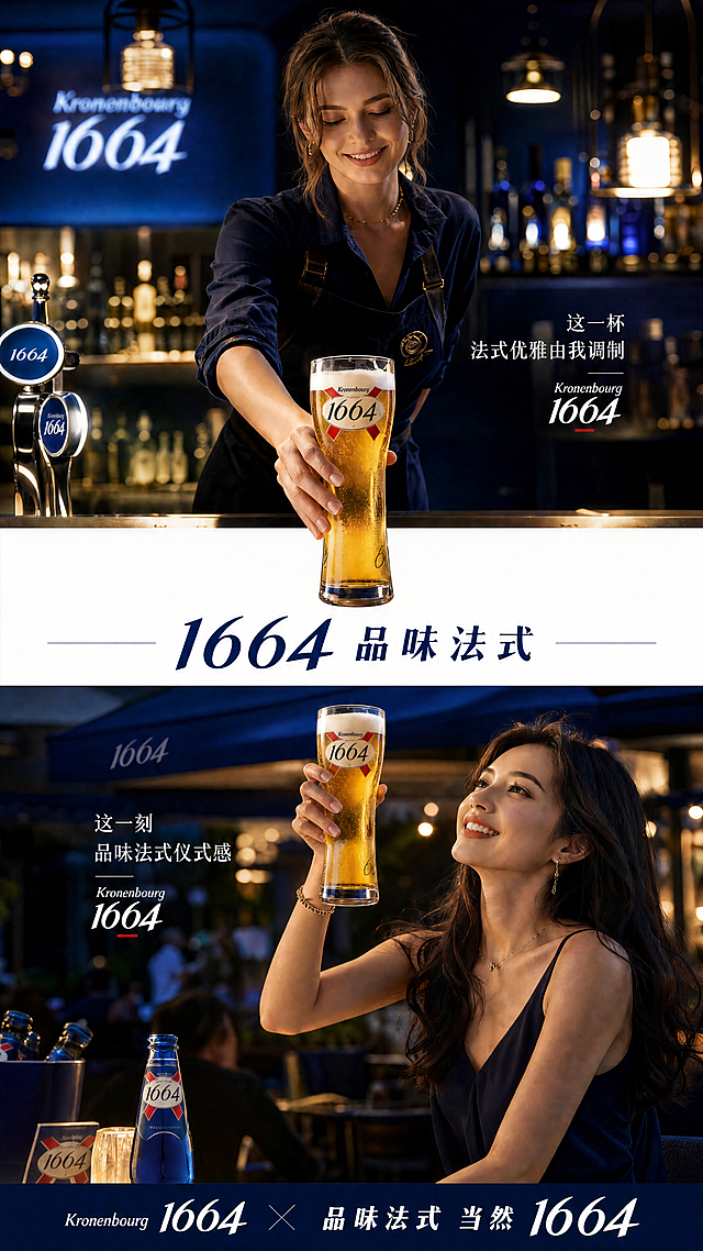 修改这张三分区海报，啤酒恢复为最初的一杯，保持出屏和空间传递效果，在中间空白隔离带位置添加文字："1664 品味法式"，字体风格和参考图底部一致，保留原有的人物互动和三分区布局