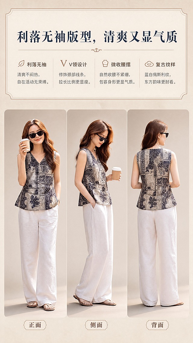 [商品] 使用【图1】【图2】【图3】蓝白佩斯利纹样香云纱无袖V领上衣；商品处理：保留V领、无袖、微收腰下摆、蓝白复古纹样、香云纱龟裂纹理；自然去皱，理顺垂坠，增强面料质感，三图均保持同款同色同版型，不改变结构和颜色。
[画面] 版型设计·上身效果，三视角组合构图，上方为模块标题和正文，下方横向排列正面、侧面、背面三张模特全身图，等宽等高展示版型轮廓、V领线条、无袖剪裁和下摆弧度；产品在每张图中占约70%，背景统一为浅米灰渐变，带柔和地面投影。
[视觉] 套系策略：风格=东方复古轻奢商业摄影，暖调胶片质感；标题字=宋体衬线粗体，带轻微字间距；正文字=简洁无衬线体；主色=米灰褐+藏青蓝；背景延展=基于米灰褐做深浅层级、同色渐变和细腻纸张/织物质感；强调色=赭石棕，仅用于小面积图标、引线、底纹标签和装饰线；标题色=深藏青；正文色=暖灰棕；组件=细线引线、圆角浅底信息卡、中式细边框；光影=正面均匀暖柔光，三图光影统一。
[文字] 上方横排排版：模块标题「利落无袖版型，清爽又显气质」，下方四段正文短句；三视角图下方分别标注「正面」「侧面」「背面」小标签；文字清晰，手机端可读。
[规格] 图片比例9:16竖版，4K分辨率，负向提示：避免变形、错字、文字过小、冷蓝/冷灰背景、衣服颜色改变、版型失真、三图不一致、水印、二维码、绝对化用语。