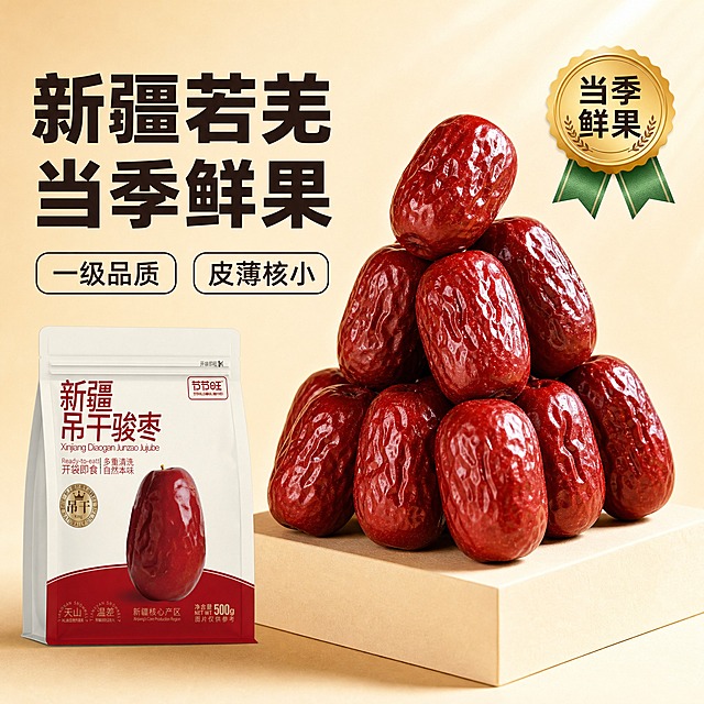 [主图-2] 当季鲜果品质主题，突出一级品质、皮薄核小的核心卖点。
[统一基调] 京东品质风，简洁稳重，文字占比小于30%，一图一重点。整体暖调米黄色渐变背景，主标题为粗黑体深棕黑色，辅助文案为稍浅的暖棕色，强调色为枣红色和金色。字体统一为现代无衬线黑体，标题字号最大，辅助文案缩小50%以上。
[画面] 画面右下区域有一个浅米色立体方台，台上堆叠成金字塔状的新疆吊干骏枣，约10-12颗，最顶端一颗枣微微倾斜突出，展现饱满形态。枣皮深红油亮、褶皱自然，体现新鲜品质。右上角有一个金色圆形徽章（带绿色绶带飘带），徽章内文字为"当季鲜果"，作为品质认证标识。产品包装袋（节节旺新疆吊干骏枣）放在方台左前方地面，部分露出，袋身正面清晰。
[光影质感] 自然暖光从右上方照射，方台边缘有明暗过渡，枣堆层次分明，每颗枣都有柔和阴影，整体立体感强，商业摄影级质感，枣皮光泽自然诱人。
[配色] 背景为浅米黄到暖米白的柔和渐变，金色徽章+绿色绶带为品质点缀，枣红色为主体色，文字为深棕黑色。
[文字版式] 左侧主标题分两行：第一行"新疆若羌"，第二行"当季鲜果"，粗黑体大号字。标题下方两个圆角矩形白底黑边标签，分别写"一级品质"和"皮薄核小"，标签内文字居中。文字均放在左侧负空间，不遮挡枣堆主体。
[输出要求] 1:1正方形，2048x2048，2K分辨率。文字清晰可读，产品清晰不变形。禁止出现京东Logo、平台水印、绝对化用词、错字、模糊、杂乱背景、多余装饰元素。