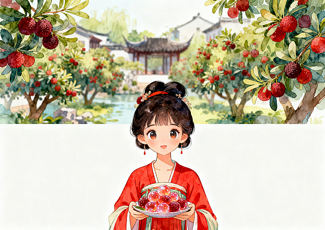 手绘风格插画，画面下三分之二位置是一位穿着红色唐朝服饰的大眼睛古代美女，双手端着一盘晶莹透亮的杨梅糖，背景是虚化的成熟杨梅林和苏州园林景色，画面上半部分留出空白，整体横版构图