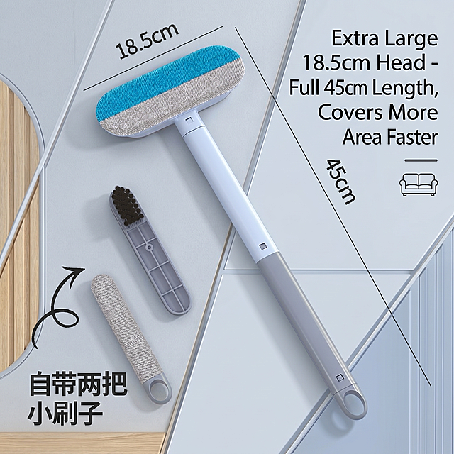 基于参考图生成一张猫毛清理器的欧美跨境电商详情页图，800X800尺寸，产品保持和原图完全一致不变，突出产品尺寸优势，大刷头尺寸18.5cm总长45cm，添加突出英文介绍"Extra Large 18.5cm Head - Full 45cm Length, Covers More Area Faster",简约现代欧美设计，采用切片效果设计，产品不要被切割，非白底背景