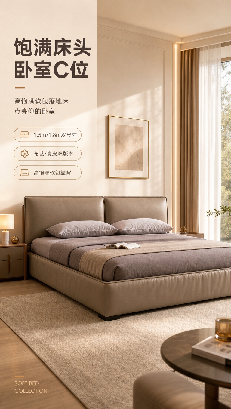 [商品] 使用【图1】高饱满软包落地床；商品处理：保留床头双软… - 图片创意预览