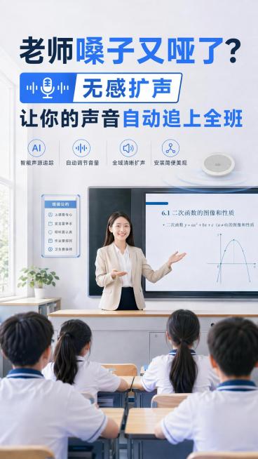 将老师身后黑板右上方墙上原有的方形音响替换为图二中的圆形吸顶音响设备，保持画面光影和风格一致，其余文字和构图不变预览效果