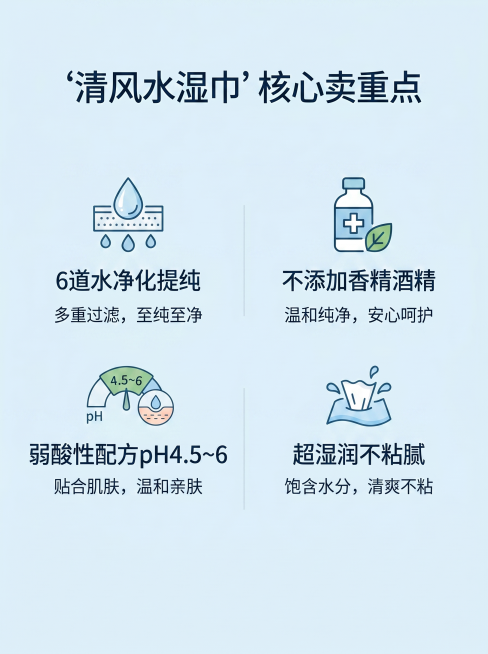 清风水湿巾核心卖点详情图，浅蓝简约背景，排版四个核心卖点：1、6道水净化提纯；2、不添加香精酒精；3、弱酸性配方pH4.5~6；4、超湿润不粘腻。每个卖点配简约对应图标和清晰说明文字，整体干净清爽，层预览效果