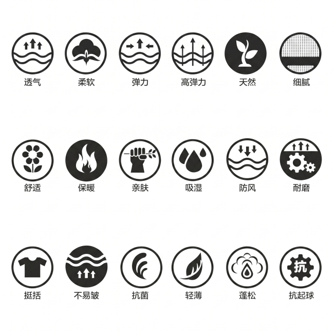参考原图的排版布局，保留所有18个面料特性图标和对应的中文文字，保持圆形黑白简约图标风格，重新生成清晰干净的画面内容预览效果