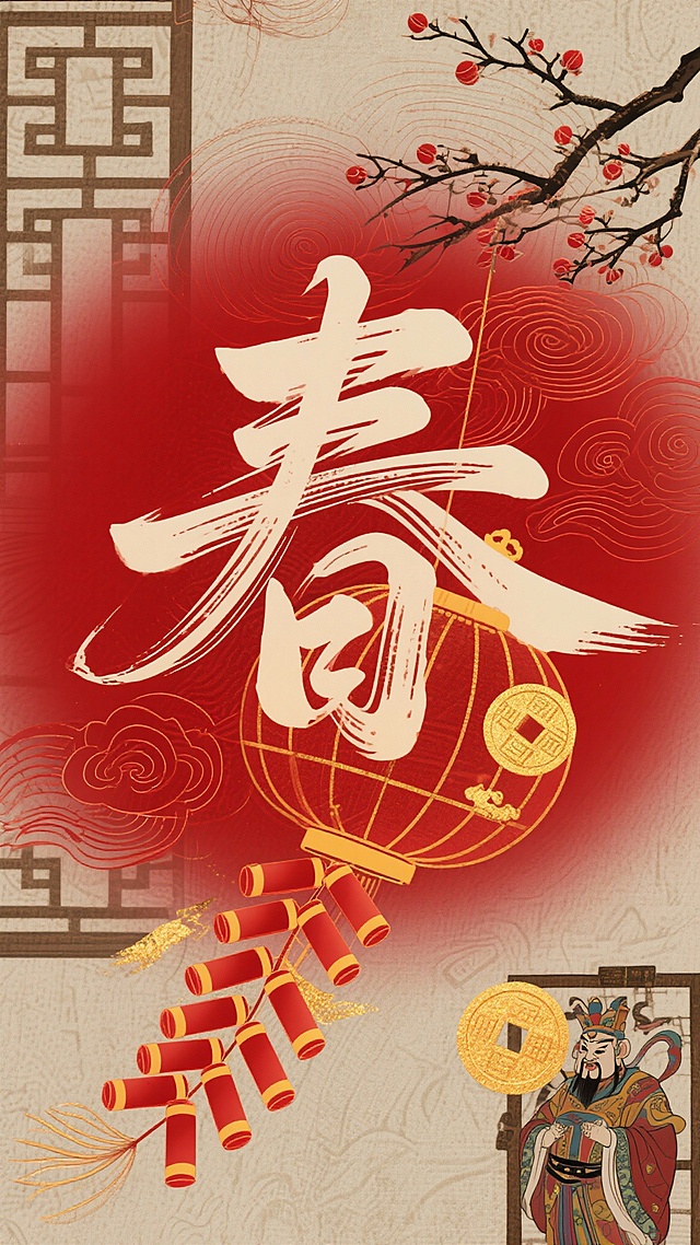 国潮风春字海报，融合水墨笔触与剪纸元素，红金配色彰显喜庆感，古典窗格、梅花与门神点缀，尽显中式传统韵味。