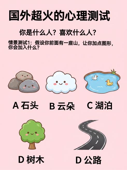 将标题中的“日本”修改为“国外”，优化图片里的石头、云朵、湖泊、树木、公路图标，让它们风格更统一更可爱，去掉右下角小红书相关的白色文字内容，保持整体浅粉色背景和文字排版不变预览效果