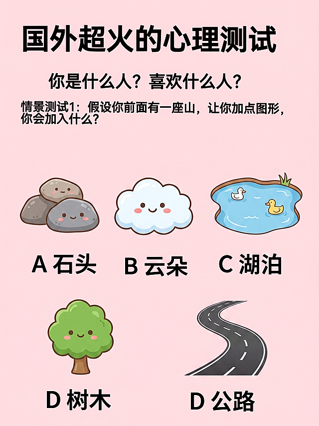 将标题中的“日本”修改为“国外”，优化图片里的石头、云朵、湖泊、树木、公路图标，让它们风格更统一更可爱，去掉右下角小红书相关的白色文字内容，保持整体浅粉色背景和文字排版不变