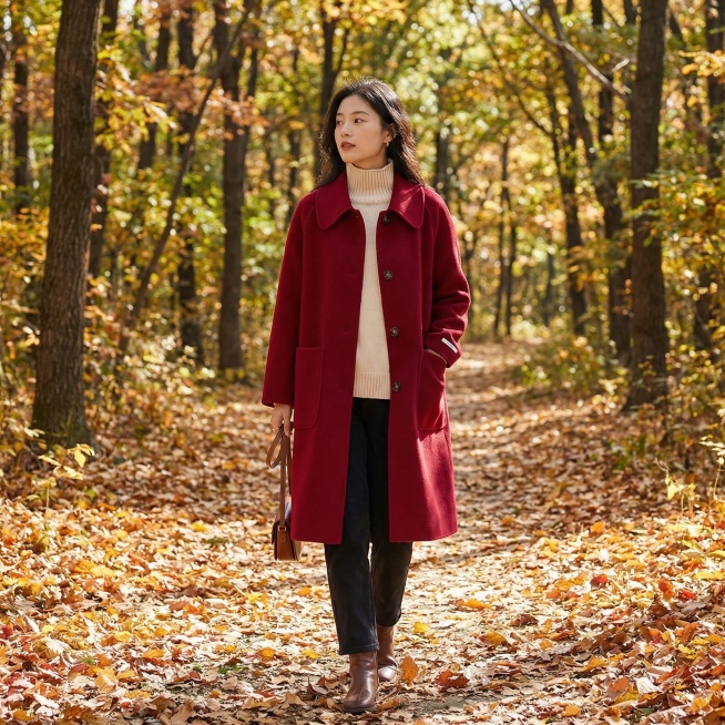 中国女模特身穿图中的酒红色中长款翻领毛呢大衣，秋日森林步道，落叶满地，自然氛围感穿搭，高清实拍预览效果