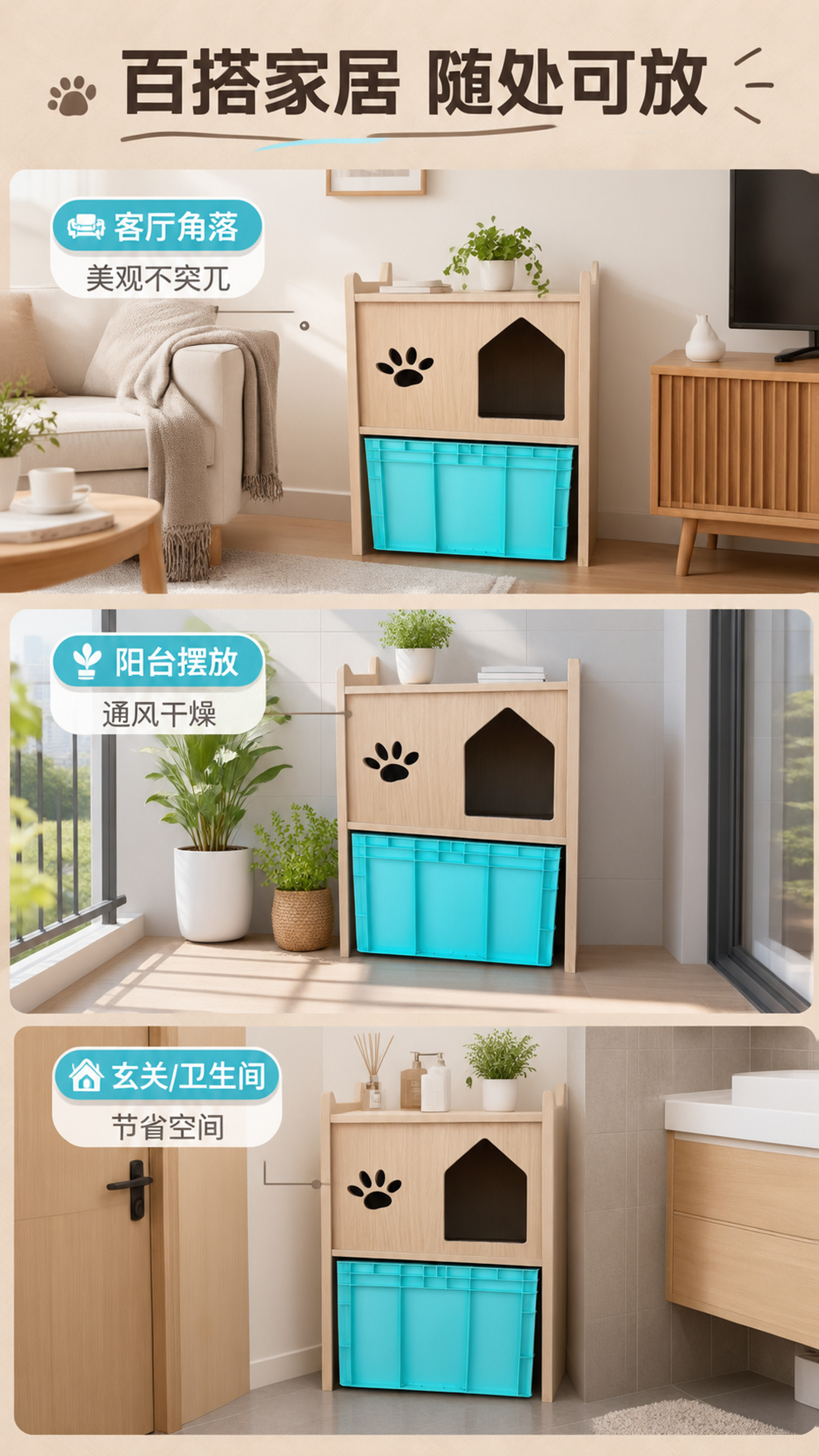 [商品] 使用【图1】【图4】浅原木色猫砂柜；保留整体造型、颜… - 图片创意预览