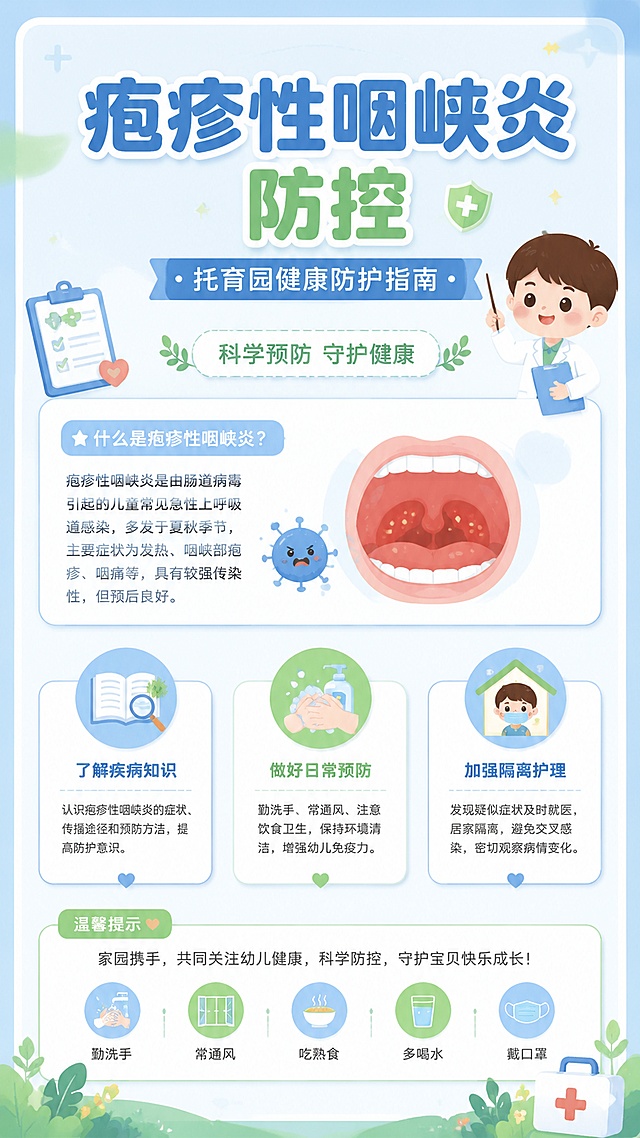 托育园健康科普海报，主标题文字"疱疹性咽峡炎防控"，副标题文字"托育园健康防护指南"，装饰文案文字"科学预防 守护健康"，卖点文字"了解疾病知识" "做好日常预防" "加强隔离护理"，风格是清新专业育儿科普，浅蓝色和浅绿色为主色调，画面排版精美，采用信息卡片分区设计，四周留足安全边距，文字清晰可读，加入童趣医疗元素点缀，整体简洁干净专业